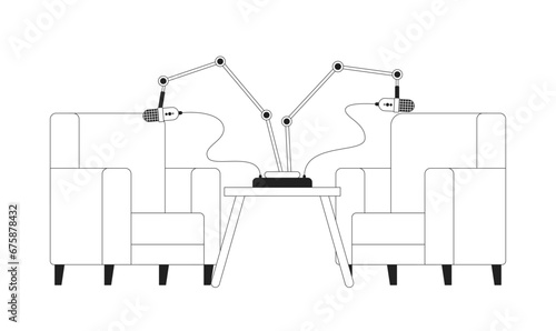 Studio recording room black and white 2D cartoon object. Podcast microphones two armchairs isolated vector outline item. Professional equipment interior monochromatic flat spot illustration