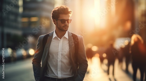 Blurry businessman Walking in the morning light in the city