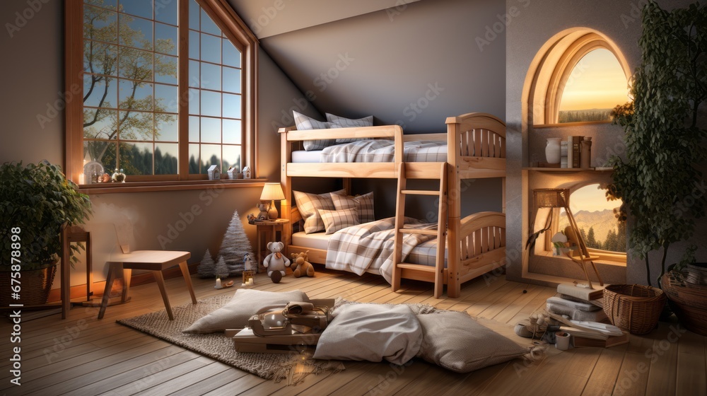 The children's bedroom has a cute, simple bunk bed. Stair safety railing design for upper bunk bed and a comfortable space below for playing or storing. Focusing on space-saving but comfortable design The children's bedroom has a cute, simple bunk bed. Stair safety railing design for upper bunk bed and a comfortable space below for playing or storing. Focusing on space-saving but comfortable design