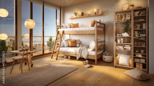 The children's bedroom has a cute, simple bunk bed. Stair safety railing design for upper bunk bed and a comfortable space below for playing or storing. Focusing on space-saving but comfortable design © ND STOCK
