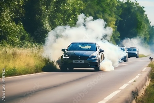 cars on the damaged highway emit smoke