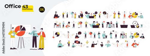 Multi-ethnic office workers line cartoon flat illustration bundle. Co-workers diverse adults 2D lineart characters isolated on white background. Collaboration colleagues vector color image collection