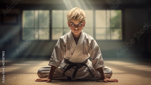 Generative AI image of a copy space banner, a full body shot photo of young karateka with blonde hair practicing mawashi geri in a dojo photo