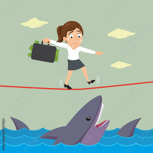 Businesswoman with money briefcase walking on a tightrope over ocean with shark, Business financial concept, illustration vector cartoon.