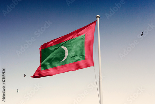 Maldives flag fluttering in the wind on sky.