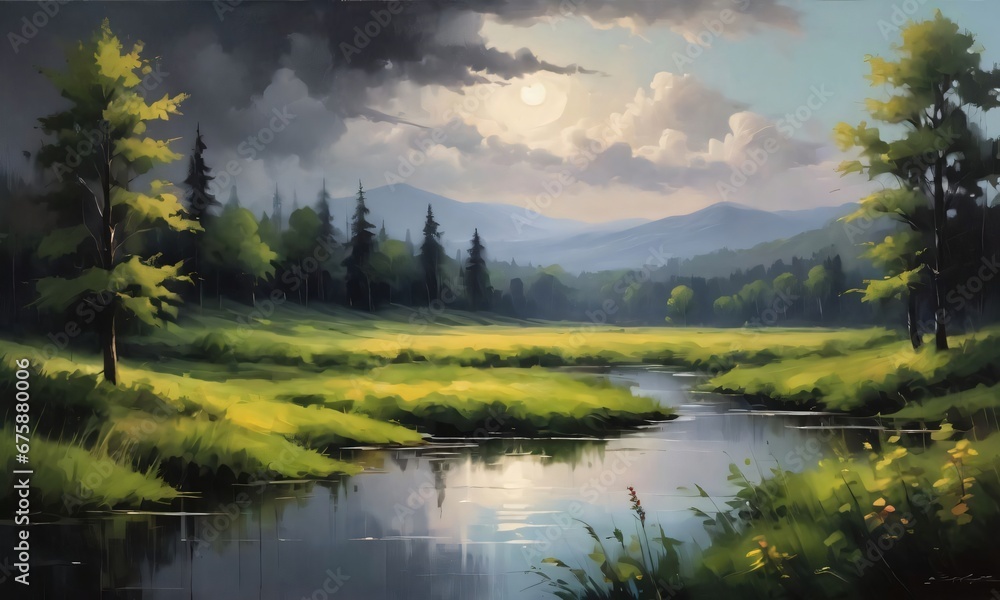 Beautiful And Moody Summer Landscape Painting.
