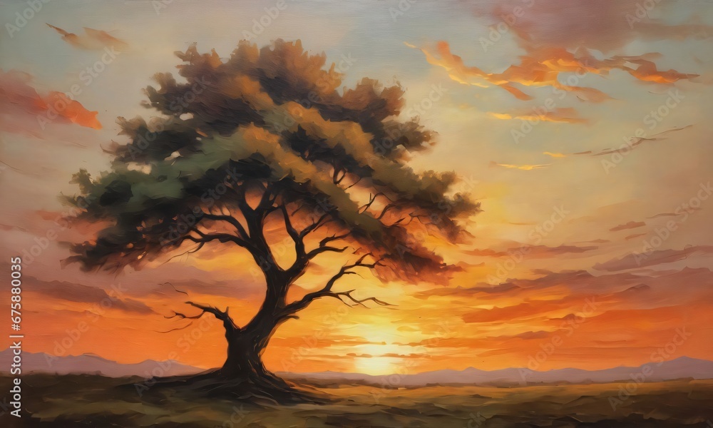 Vintage Oil Painting Of A Lonely Tree At Sunset.