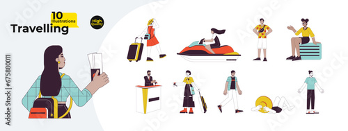 Multicultural tourists travelers line cartoon flat illustration bundle. Summer adventure people 2D lineart characters isolated on white background. Vacationers vector color image collection