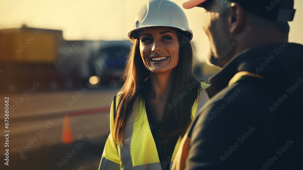 Chief Engineer of Expressway Construction Site Wear a uniform and helmet. Standing and handing over work to female workers At the motorway construction site Chief Engineer of Expressway Construction Site Wear a uniform and helmet. Standing and handing over work to female workers At the motorway construction site
