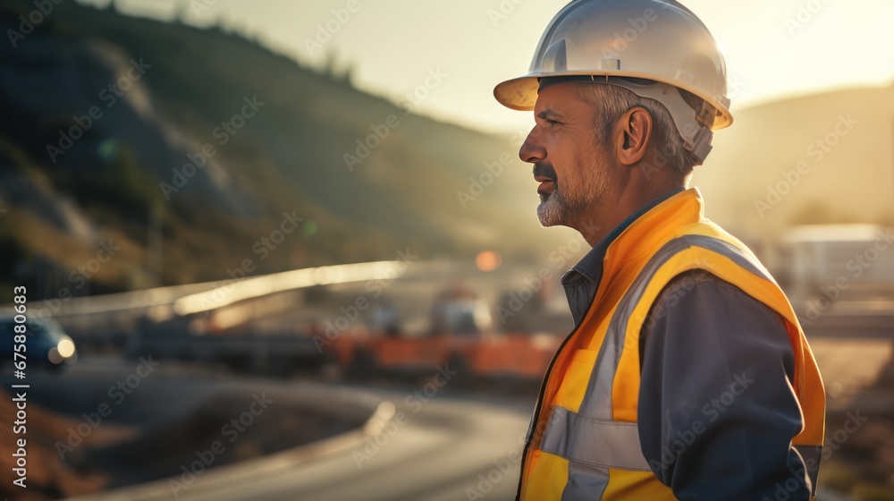 Chief Engineer of Expressway Construction Site Wear a uniform and helmet. Standing and handing over work to female workers At the motorway construction site Chief Engineer of Expressway Construction Site Wear a uniform and helmet. Standing and handing over work to female workers At the motorway construction site