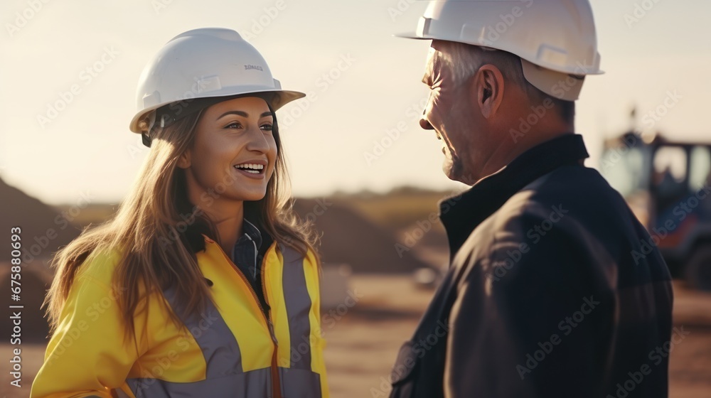 Chief Engineer of Expressway Construction Site Wear a uniform and helmet. Standing and handing over work to female workers At the motorway construction site Chief Engineer of Expressway Construction Site Wear a uniform and helmet. Standing and handing over work to female workers At the motorway construction site