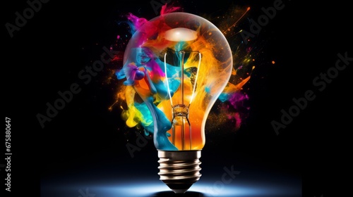 Generative AI image of Creative light bulb explodes with colorful paint and splashes on a black background. Think differently creative idea concept