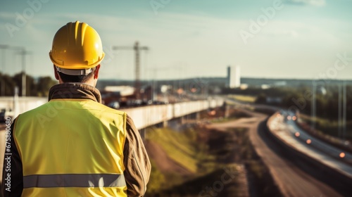 Chief Engineer of Expressway Construction Site Wear a uniform and helmet. Standing and handing over work to female workers At the motorway construction site