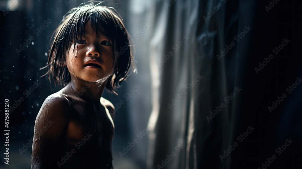 portrait dramatique d'un enfant perdu abandonné sous la pluie dans un décor lugubre et inquiétant - obrazy, fototapety, plakaty 