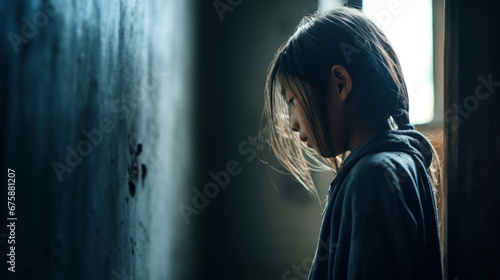 portrait dramatique d'un enfant perdu abandonné sous la pluie dans un décor lugubre et inquiétant