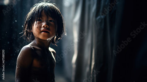 portrait dramatique d'un enfant perdu abandonné sous la pluie dans un décor lugubre et inquiétant photo
