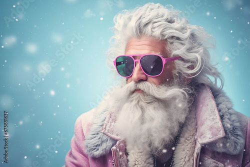 Hipster Santa Claus with Pink Sunglasses - Snowy Background