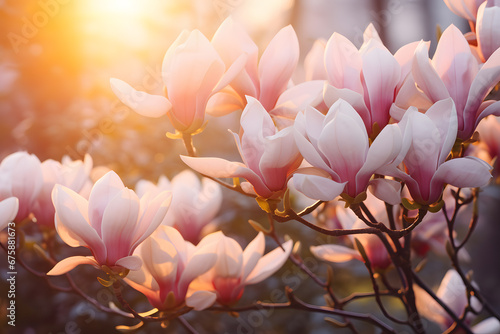 Close up of beautiful blooming Magnolia tree with pink flowers and sunset light in background