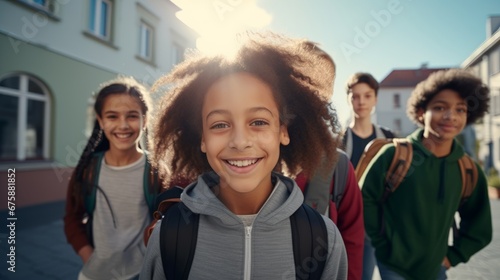 Generative AI image of middle school students from different rases walking to school together smiling, facing the camera