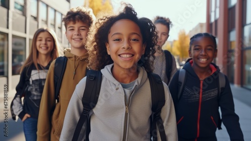 Generative AI image of middle school students from different rases walking to school together smiling, facing the camera photo
