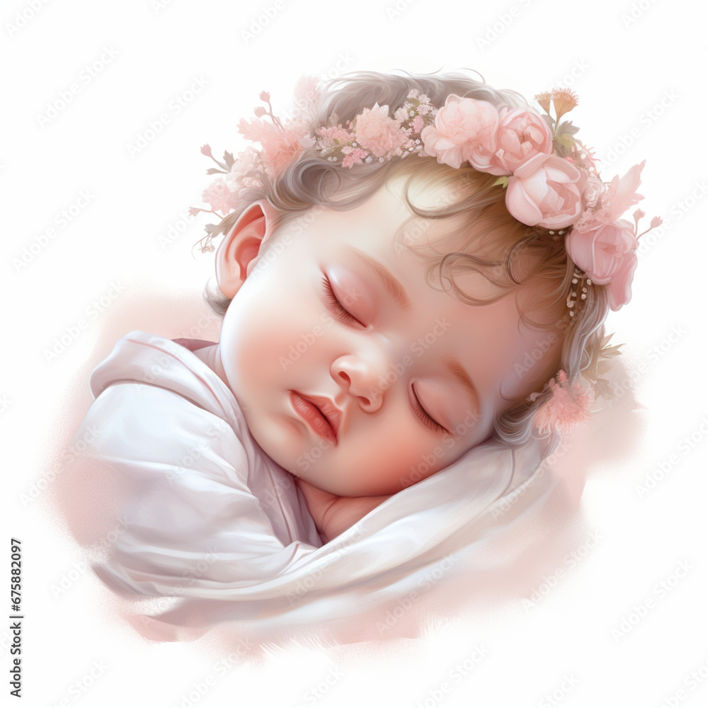 a newborn baby, a girl with a beautiful flower decoration on her head in soft pink clothes is sleeping sweetly a newborn baby, a girl with a beautiful flower decoration on her head in soft pink clothes is sleeping sweetly
