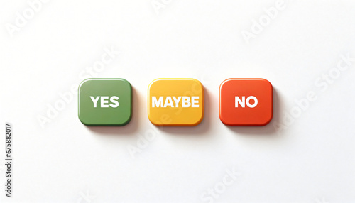 Three buttons with words yes maybe no on white background
