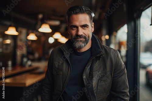 Portrait of a handsome bearded man in a leather jacket posing in a cafe.