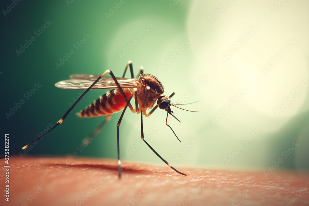 Close-up of a mosquito sucking blood. Mosquito on a human hand sucking blood. Generative AI
