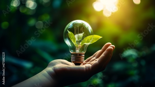 Generative AI image of a Hand holding light bulb against nature on green leaf with energy sources, Sustainable development and responsible environmental, Energy sources for renewable, Ecology concept