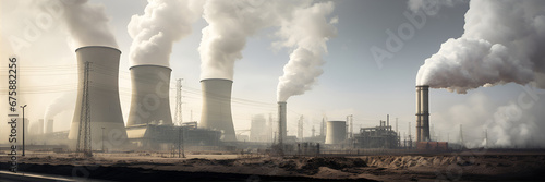 Nuclear power plant in desert in morning. Industrial Landscape photo