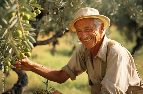 Generative AI image of a happy elderly man picking olives in an olive