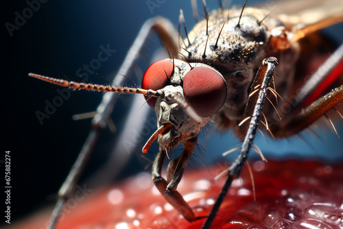 Close-up of a mosquito sucking blood. Mosquito on a human hand sucking blood. Generative AI