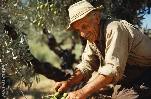 Generative AI image of a happy elderly man picking olives in an olive