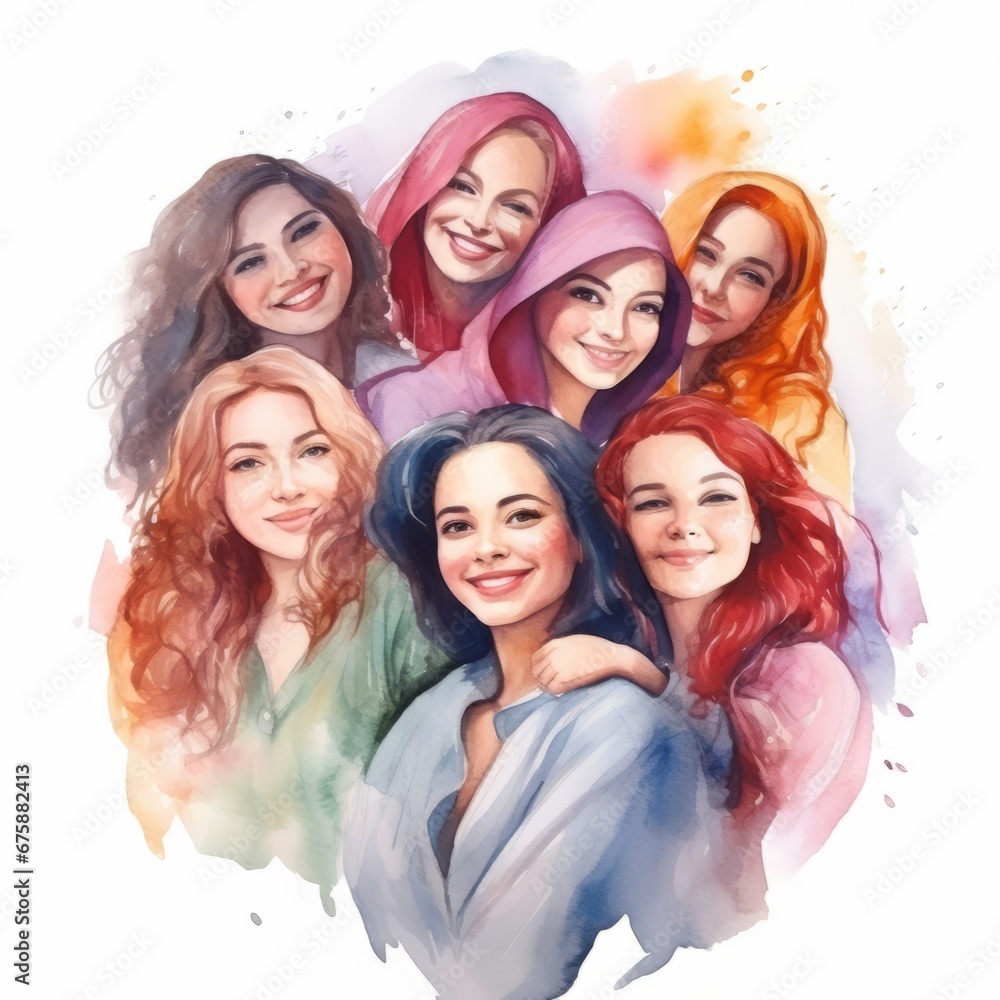 Generative AI image of a Happy women group for International Women’s day , watercolor style