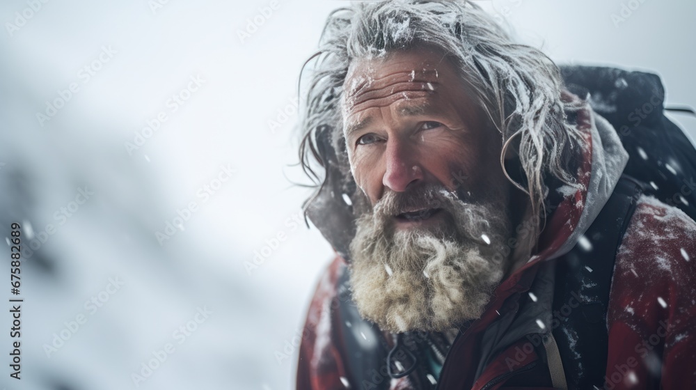 Close-up shot of bearded elderly climber climbing a snowy mountain with natural light Close-up shot of bearded elderly climber climbing a snowy mountain with natural light