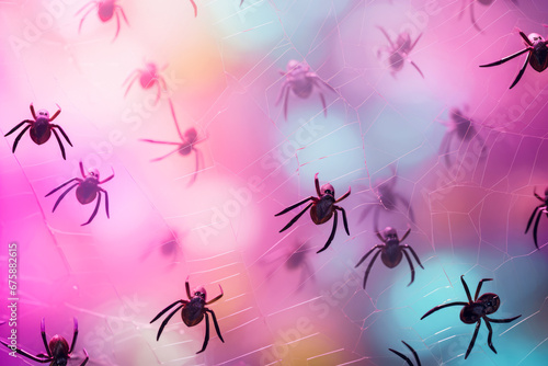 Group of spiders climbing on their web. Background is purple blue pink color. Colorful creative idea.