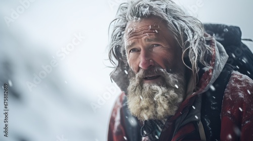Close-up shot of bearded elderly climber climbing a snowy mountain with natural light © somchai20162516