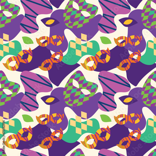 A bright pattern for the Mardi Gras holiday. Carnival masks  abstract forms. Purple  green  orange  white. For fabric  textiles  wrapping paper  postcards.