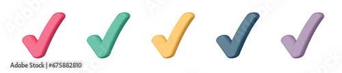 Check mark 3d icon tick vector graphic element set, checkmark right select choice red green blue yellow illustration, correct valid accept checklist box vote poll symbol, test confirm image clipart