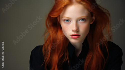 Close-up portrait of a beautiful young woman with red hair.
