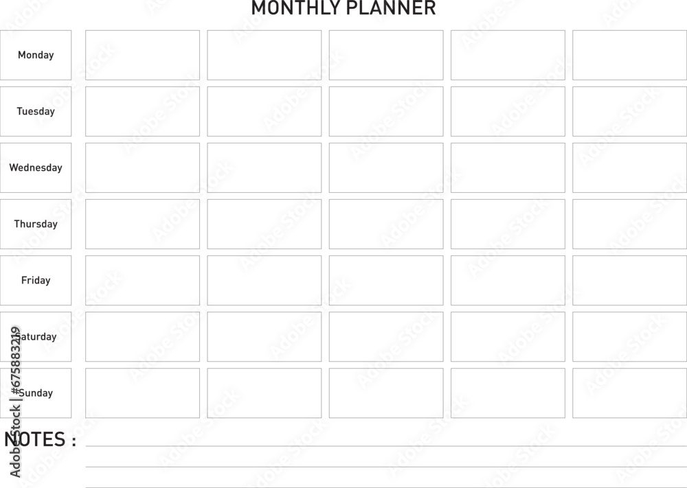 Monthly planner template. Vector month and week plan, calendar daily, time weekly stationery print to work illustration Monthly planner template. Vector month and week plan, calendar daily, time weekly stationery print to work illustration