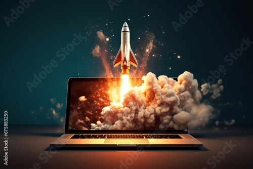 Generative AI image of a Launching Space Rocket From Laptop Screen.