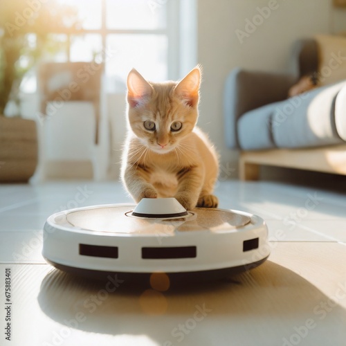 Cute cat having fun with a Vacuum hoover cleaning robot. cute and curious kitten is playing at home. smart home