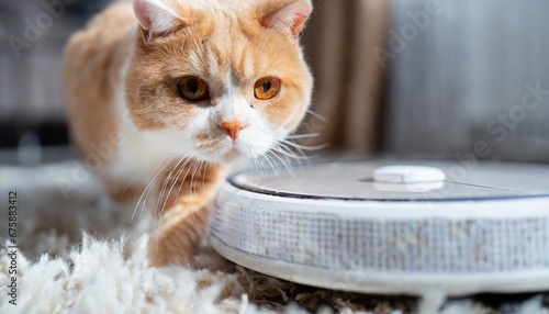 Fotografie Cute cat having fun with a Vacuum hoover cleaning robot