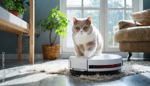 Cute cat having fun with a Vacuum hoover cleaning robot. cute and curious kitten is playing at home. smart home