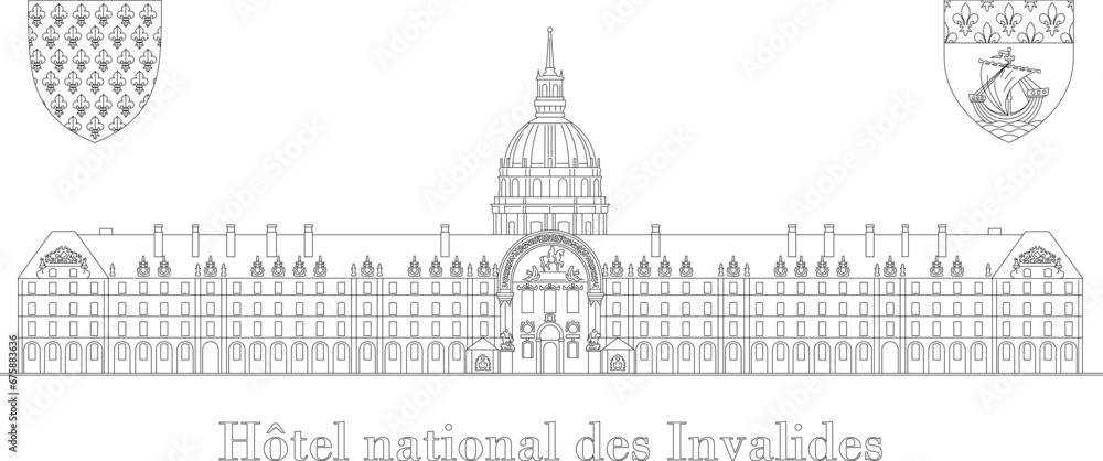Hotel des invalides, vector drawing, silhouette, tourist place in Paris, France, black line vector illustration on white background