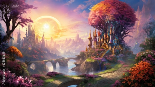 Majestic fantasy cityscape with ornate spires under radiant sun. Magical landscapes.