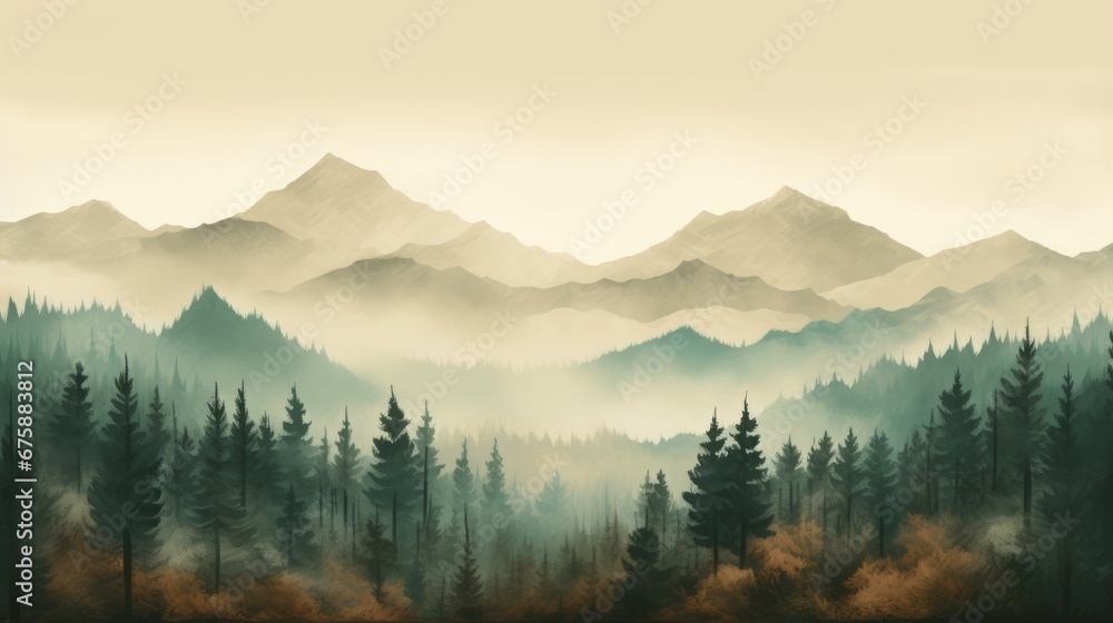 Generative AI image of a Misty landscape with fir forest in vintage retro style, autumn