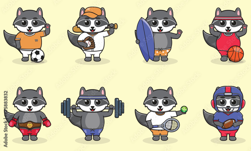 Obraz premium Set of Raccoon wearing uniform and using sports equipment. Funny animals doing exercis. Cute cartoon character vector set isolated on a white background. Cartoon animal sport. Raccoon cartoon. 