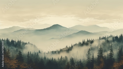 Generative AI image of a Misty landscape with fir forest in vintage retro style  autumn